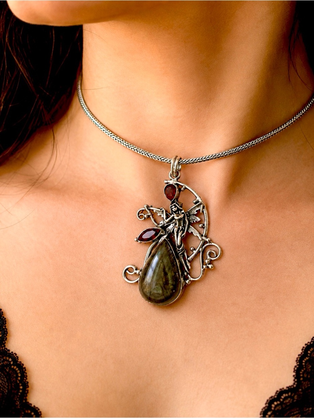 925 Sterling Silver Fairy Moon Big Pendant Iron Tiger & Garnet Gemstones 2.8"